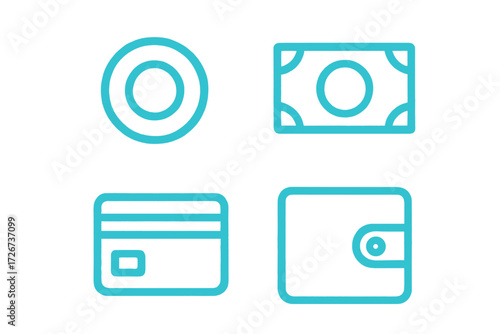 Financial transaction icons set with coin, banknote, credit card, and wallet symbols for digital commerce