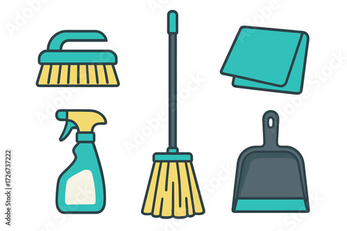 Assortment of essential household cleaning supplies and equipment for domestic chores and sanitation
