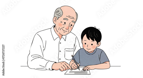 International Day of Older Persons : Older man teaching a boy how to write with a pencil
