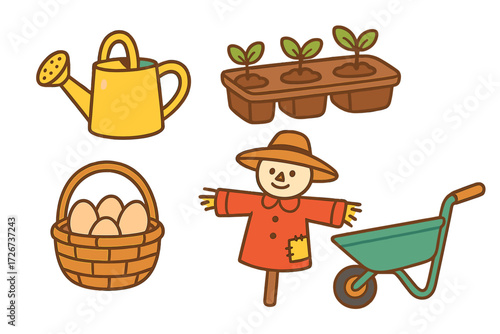 Essential gardening and farming tools including scarecrow, watering can, plant seedlings, egg basket, and wheelbarrow