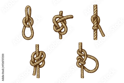 Detailed assortment of classic rope knots used in sailing, boating, climbing, and securing objects, showcasing various tying techniques and practical applications