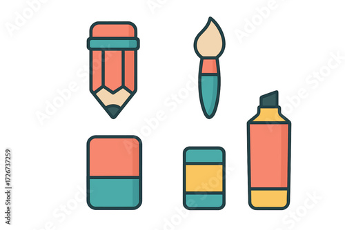 Essential art and school supplies including a pencil, paintbrush, highlighter, and various erasers for creative work and study