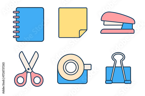 Essential office and school supplies including notebook, sticky note, stapler, scissors, tape dispenser, and binder clip