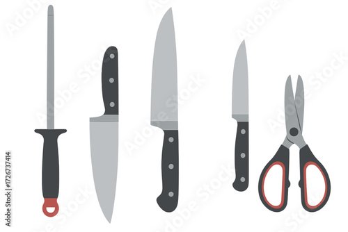 Essential kitchen utensils set with various sharp knives, a sharpening steel, and versatile kitchen shears for culinary tasks