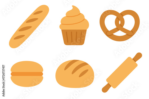 Assortment of freshly baked goods including baguette, cupcake, pretzel, bun, loaf, and rolling pin
