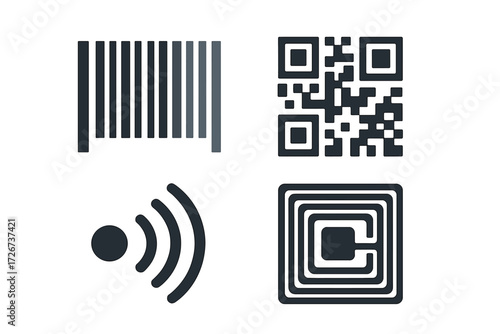 Digital identification and data transfer icons featuring barcode, QR code, RFID tag, and wireless signal technology