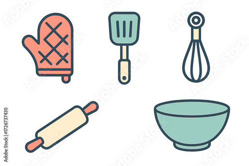 Collection of essential kitchen baking tools including an oven mitt, spatula, whisk, rolling pin, and mixing bowl