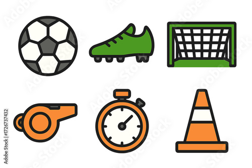 Collection of essential soccer game equipment including ball, cleat, goal, whistle, stopwatch, and cone