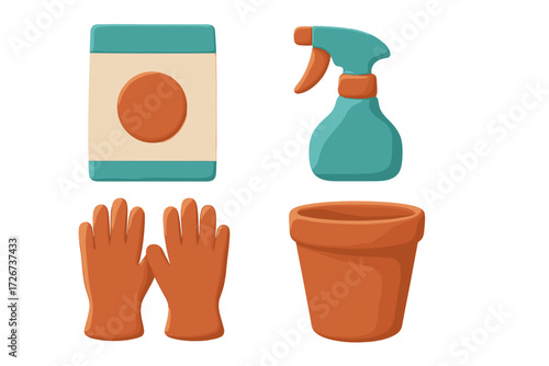 Essential gardening tools and supplies including gloves, spray bottle, plant pot, and soil bag for home garden care