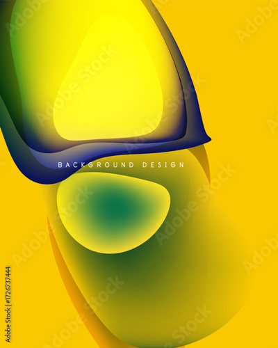 Abstract shapes overlap, creating vibrant yellow, green, blue gradients. Modern design suggests fluidity, energy, visual interest.