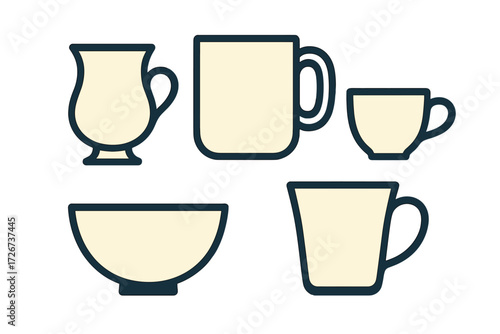 Assortment of empty beverage containers and a serving bowl depicted with minimalist graphic lines