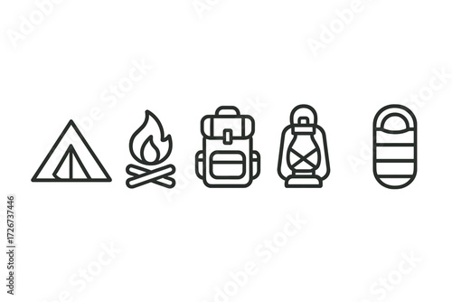 Essential outdoor camping and adventure equipment featuring tent, campfire, backpack, lantern, and sleeping bag