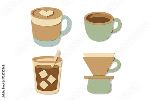 Collection of various coffee beverages and brewing tools presented in a delightful paper cut craft style on white background
