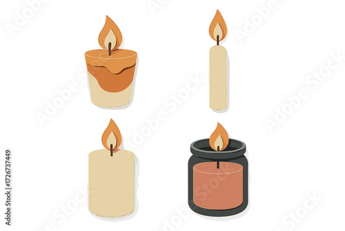 Set of stylized burning candles in various shapes and forms, featuring a charming paper cut effect and warm glowing flames for ambiance
