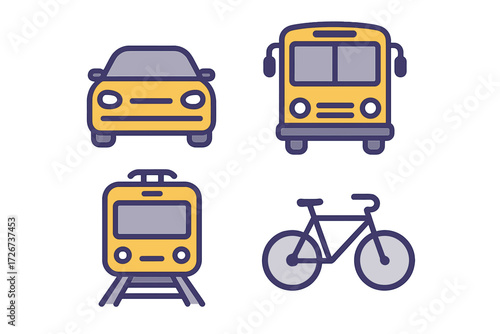 Modern collection of urban and suburban transportation vehicles and public transit icons including car, bus, train, and bicycle