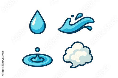 Collection of blue water elements featuring a single drop, dynamic splash, concentric ripple, and soft steam cloud icon design