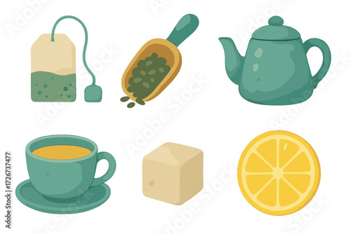 Elegant collection of tea time elements featuring teapot, teacup, tea bag, loose leaves, sugar, and lemon slice