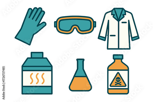 Essential laboratory safety equipment and chemical containers for scientific research, experiments, and medical health