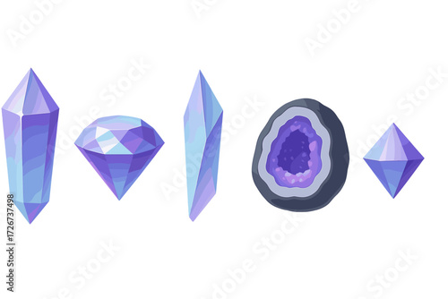 Vibrant sparkling purple and blue faceted crystals, raw mineral formations, and a cut open geode