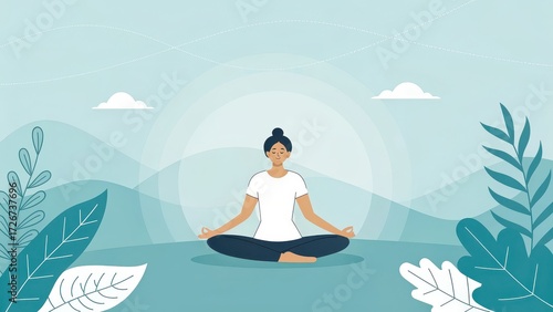 Wallpaper Mural Illustration of woman meditating in nature, peaceful outdoor yoga session with plants and mountains, ideal for wellness blogs, mindfulness apps, self-care content, meditation guides Torontodigital.ca