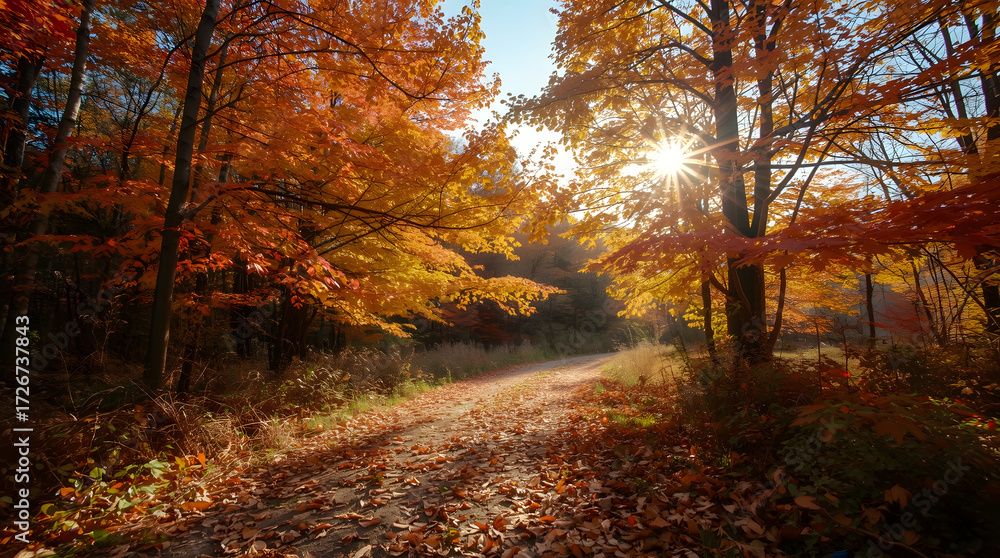 Obraz premium Scenic Autumn Forest with Vibrant Foliage and Sunlight Through the Trees