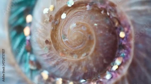 A cinematic macro shot of a swirling seashell, its soft spiral lines glowing like ocean poetry frozen in time.