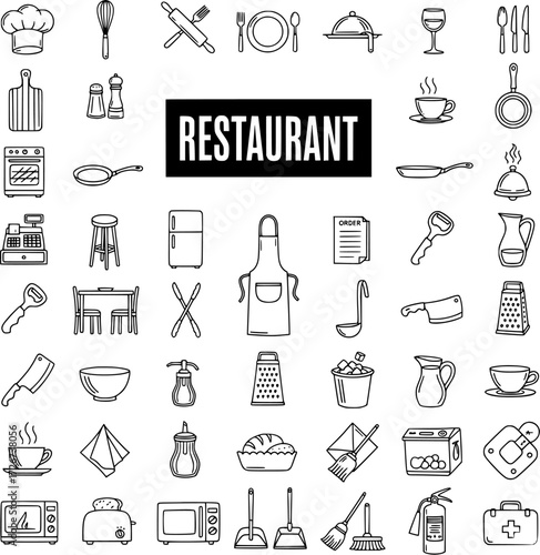 Restaurant  Kitchen Icons Set: Food Service, Cooking, Cleaning Appliances, Utensils  Supplies Outline Vector