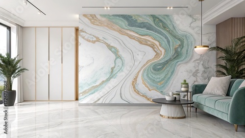 Minimalist living room featuring marbled resin wall design and elegant furniture setup with natural lighting