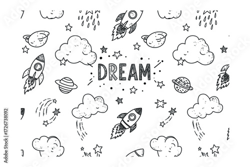 Dreamy rockets and planets space-themed creative design whimsical environment playful concept. Vector illustration
