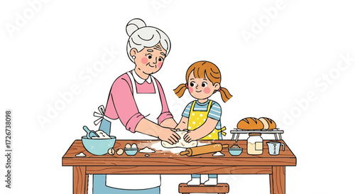 International Day of Older Persons : Elderly woman showing her granddaughter how to bake bread