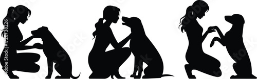 Human and dog silhouette, interaction, affection, kneeling, squatting, pet bonding, black vector, isolated pose, companionship, flat vector illustration