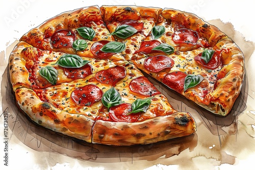 Dessin de pizza, basilic, tomate, mozzarella, recette italienne, façon aquarelle, crayon.