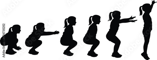 Silhouette of female athlete performing vertical jump sequence, motion phases illustration, sports biomechanics concept, flat vector illustration, isolated design