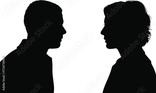 Two people silhouette, face to face, black profile, emotional tension, confrontation moment, flat vector illustration, isolated design, white background