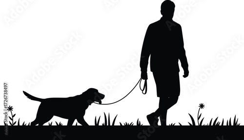 Dog walking, silhouette art, outdoor activity, person with pet, leash walk, nature stroll, black vector, flat vector illustration