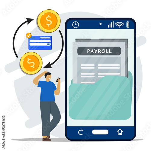 A businessman uses a smartphone to view payroll management on a large screen with a happy face seeing online transactions.