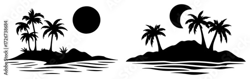 Tropical island silhouettes with waving palms under sun and moon – twin minimalist paradise icons