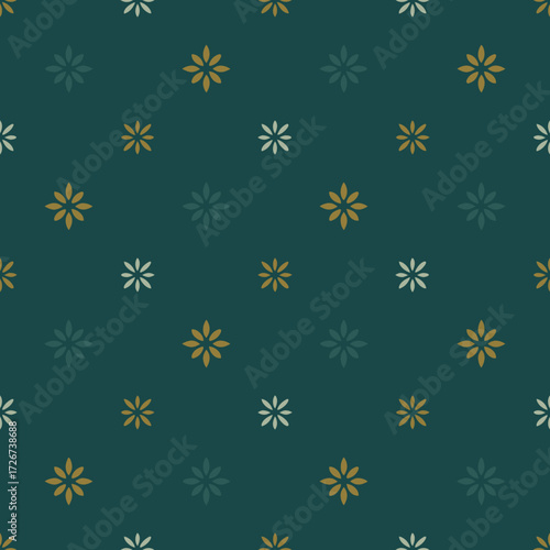 Minimalist Floral Dot Seamless Pattern, Dark Teal Background, Subtle Gold and Sage Green Design, Elegant Vintage Vector Digital Paper.