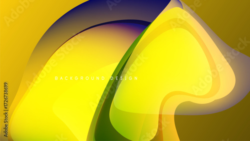 Abstract yellow, purple waves over black background. Smooth gradients create dynamic, flowing shapes. Modern design element.