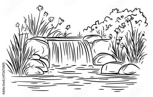 Tranquil garden waterfall cascading over stones into a flower‑framed pond – relaxing backyard water feature sketch illustration