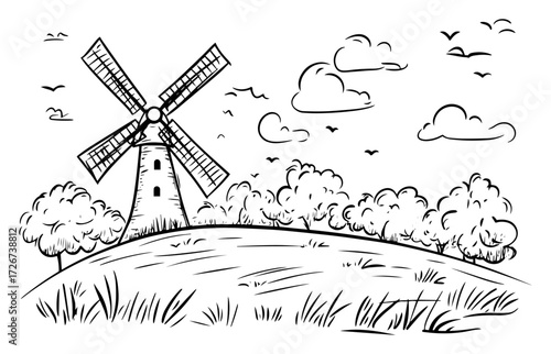 Rustic countryside windmill on a breezy grassy hill beneath drifting clouds – classic rural landscape line drawing