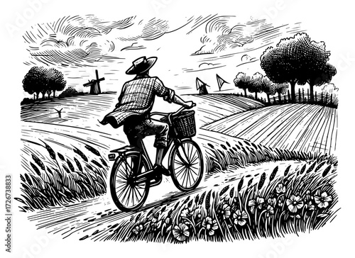 Vintage‑style cyclist riding a bicycle along blooming country fields – scenic outdoor adventure engraving illustration
