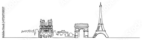 Paris skyline one‑line art showing Notre‑Dame, Arc de Triomphe & Eiffel Tower – elegant minimalist landmark vector