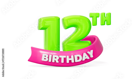 Glossy 3D 12th Birthday celebration graphic with green numbers and pink ribbon. 3d illustration