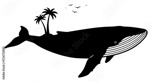 Creative whale silhouette forming tropical island with palm trees and seabirds – imaginative double‑exposure ocean illustration