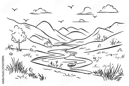 Meandering river winding through sunny mountain valley with rolling hills and soaring birds – peaceful wilderness landscape line‑art illustration