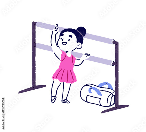Ballerina, ballet dancer is learning in class. Happy kid dances, child performs. Cute little girl is training near barre in studio. Flat isolated outline vector illustration on white background