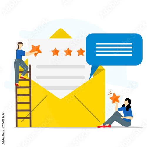 Flat illustration of customer feedback with two women adding stars on envelope letter. Client satisfaction and evaluation concept.