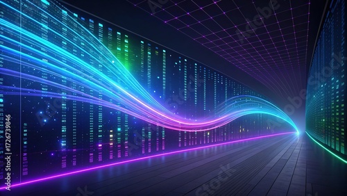 Neon holographic data stream flows through a futuristic digital corridor
