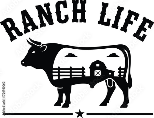 Ranch Life Logo – Bull Silhouette with Barn, Fence, Clouds, and Star in Western Farm Scene